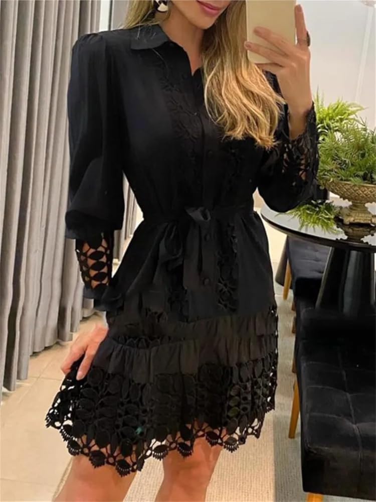 Woman wearing Black Lace Ruffle Mini Dress with A-line, ruffled | Lunova