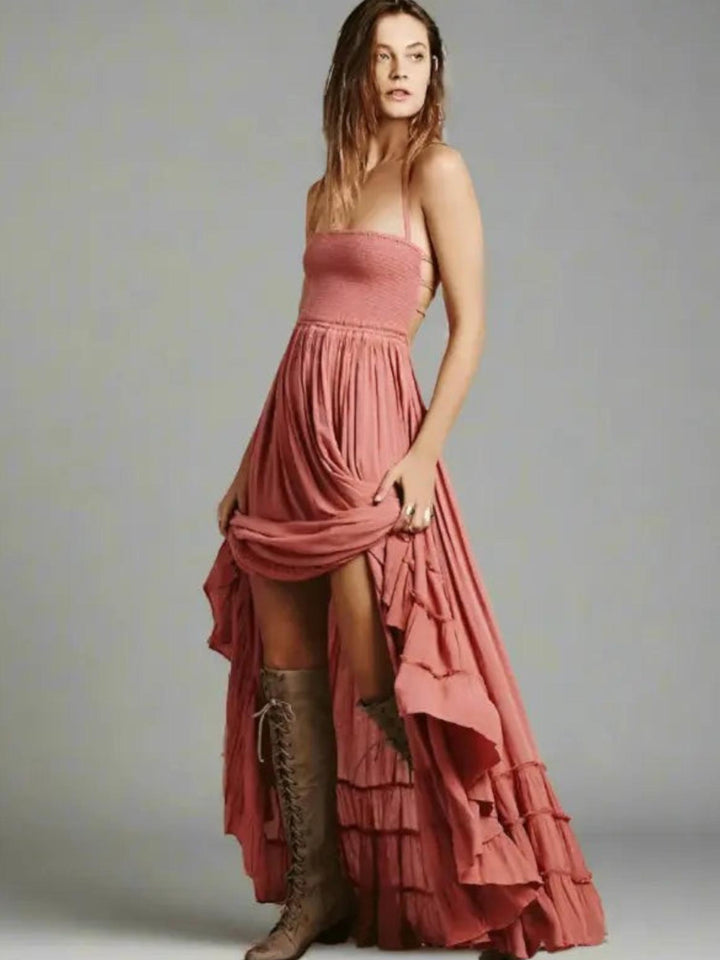 Woman wearing Pink Backless Halter Maxi Dress with ruffled, halter | Lunova