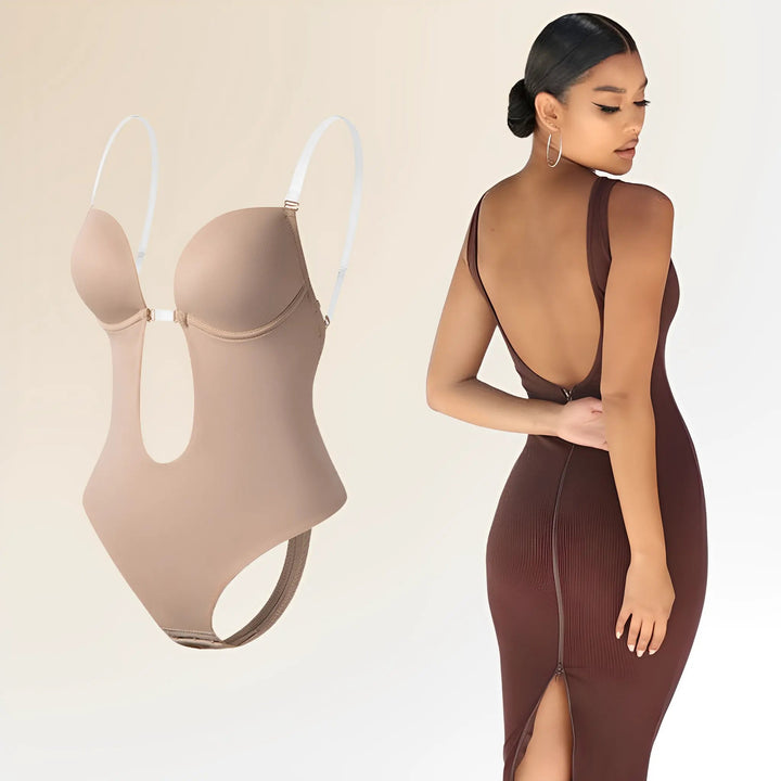 Woman wearing Beige Backless Shapewear Bodysuit | Lunova