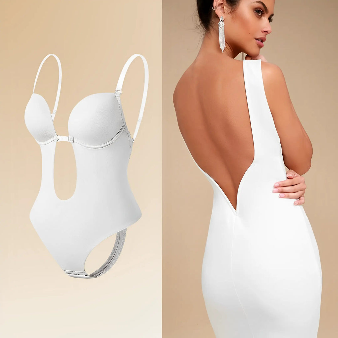 Woman wearing White Backless Shapewear Bodysuit | Lunova