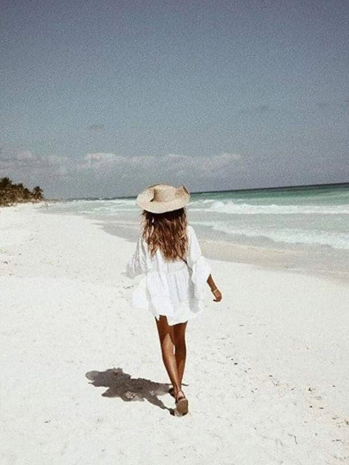 Woman wearing Bohemian Beach Cover Up with button-front, relaxed — view 2 | Lunova