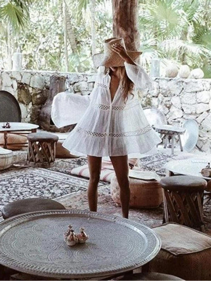 Woman wearing Bohemian Beach Cover Up with button-front, relaxed — view 3 | Lunova