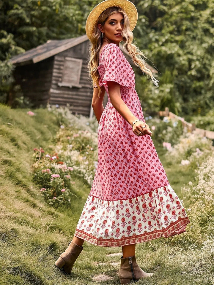 Woman wearing Bohemian Maxi Dress with ruffled, floral print — view 10 | Lunova