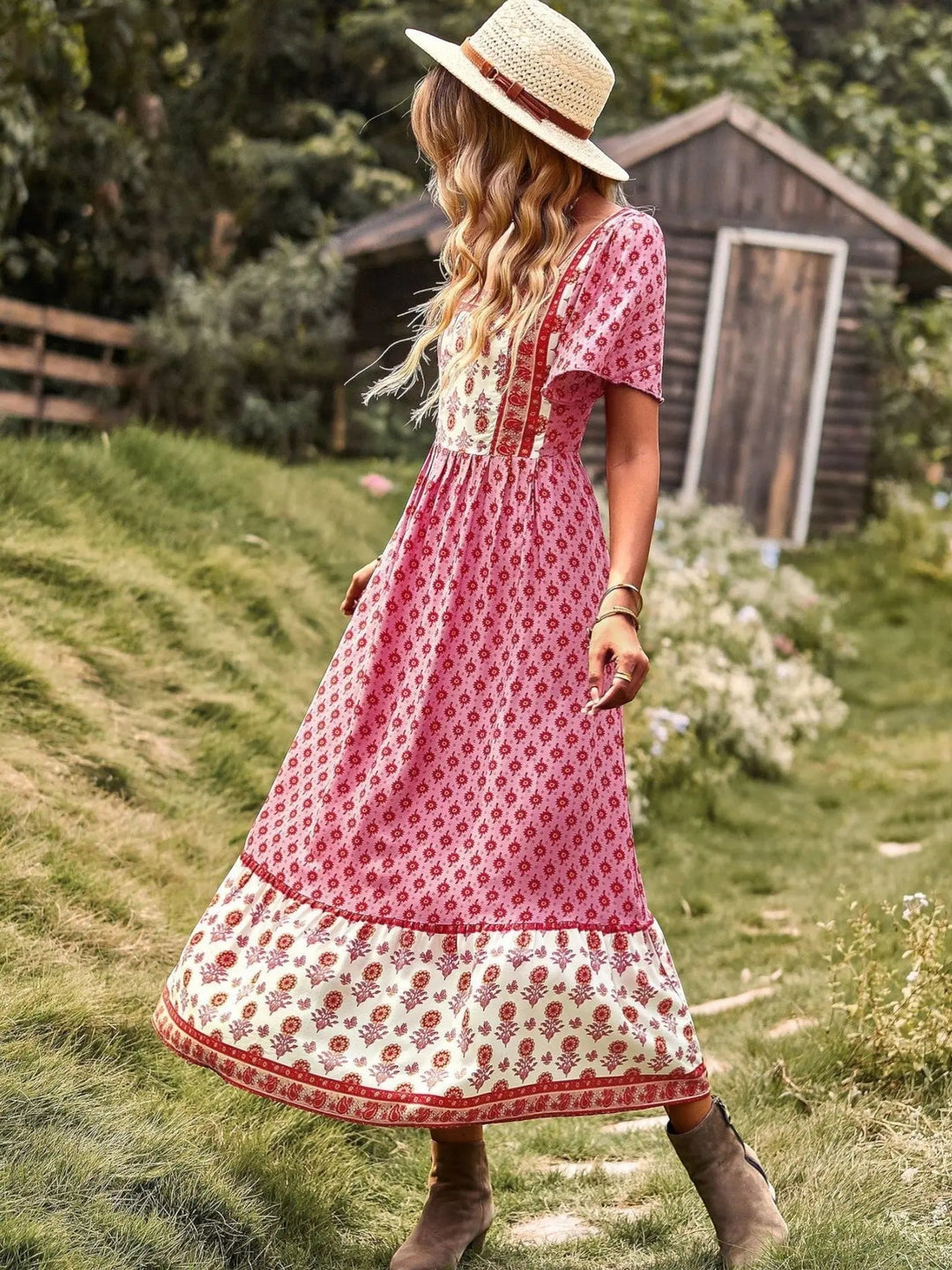 Woman wearing Bohemian Maxi Dress with ruffled, floral print — view 11 | Lunova