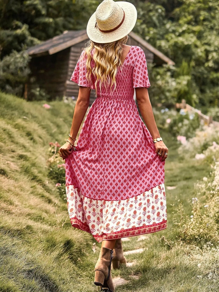 Woman wearing Bohemian Maxi Dress with ruffled, floral print — view 12 | Lunova