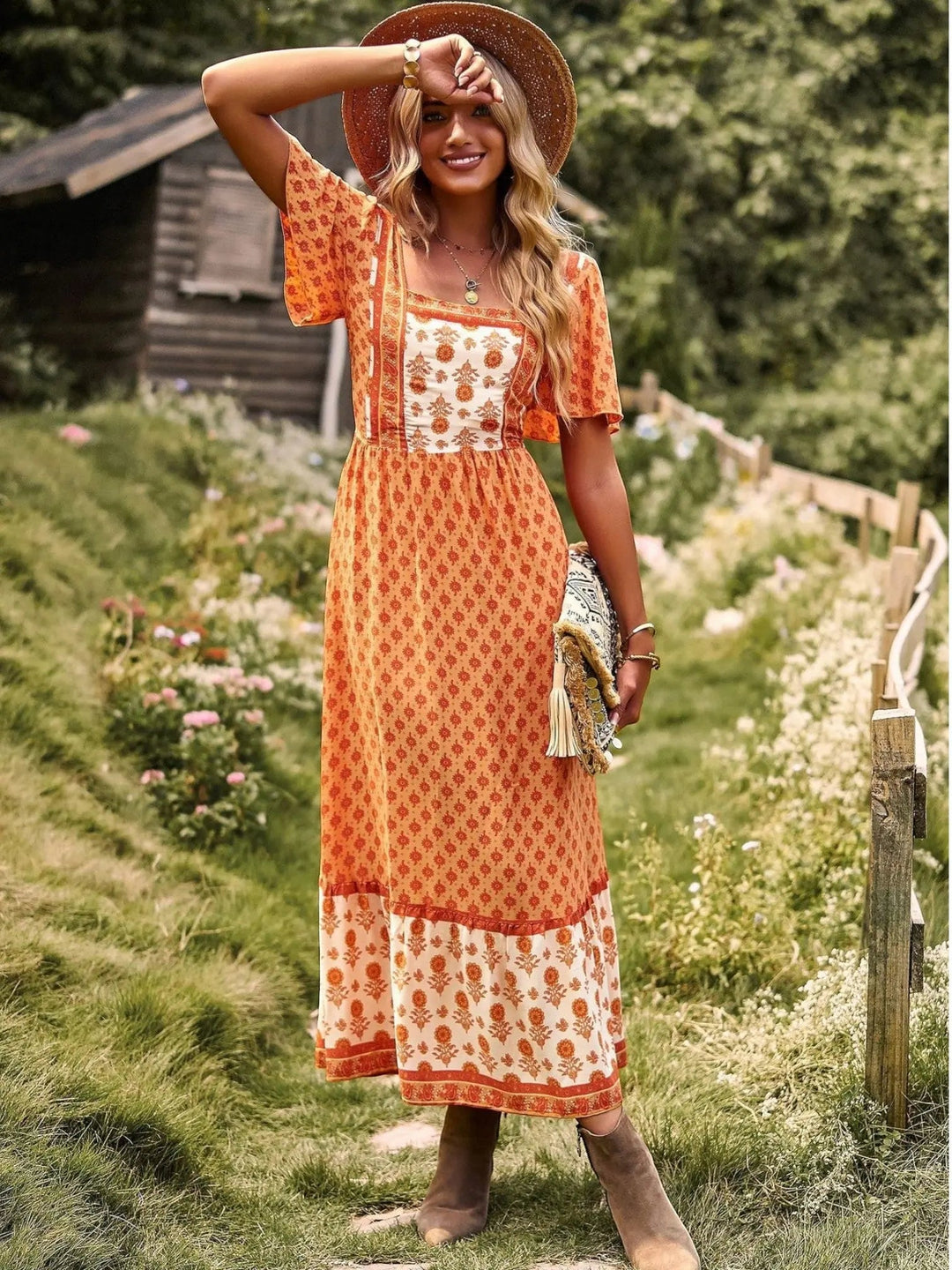 Woman wearing Bohemian Maxi Dress with ruffled, floral print — view 2 | Lunova