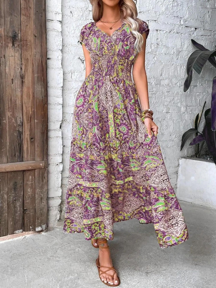 Woman wearing Bohemian Maxi Dress with flowing, V-neck — view 2 | Lunova