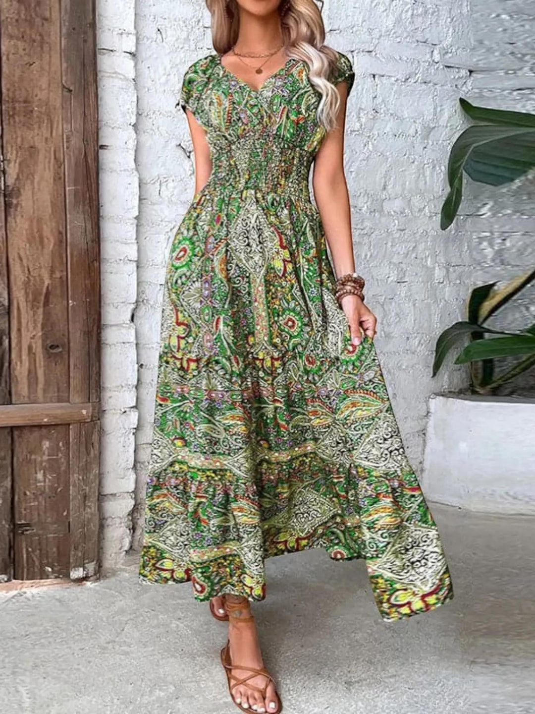Woman wearing Bohemian Maxi Dress with flowing, V-neck — view 4 | Lunova