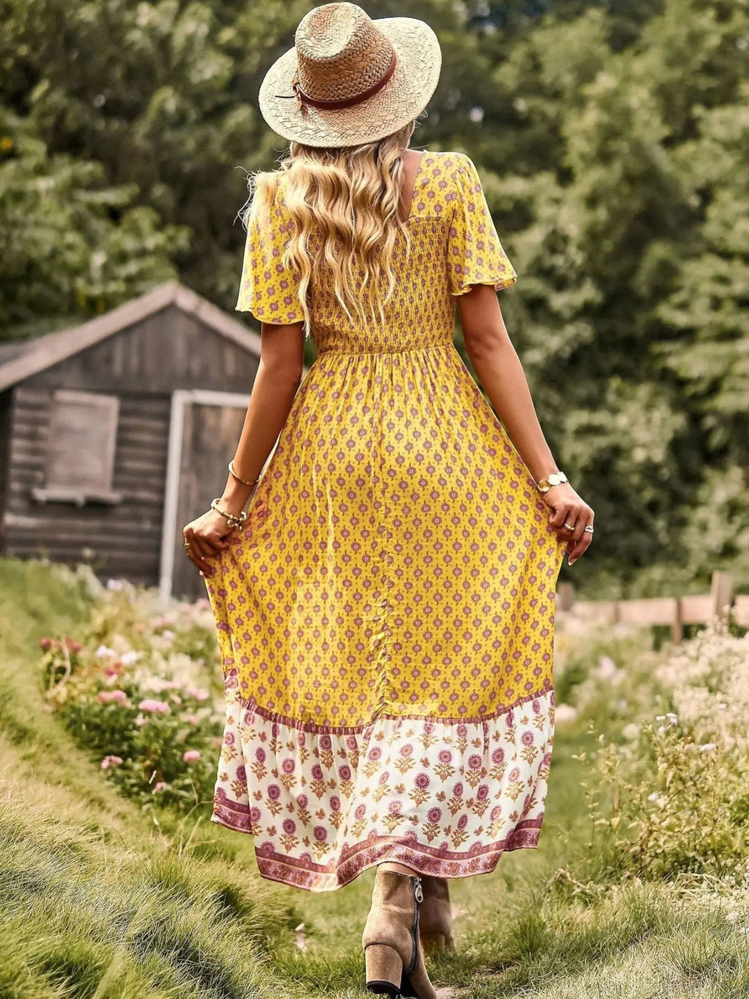 Woman wearing Bohemian Maxi Dress with ruffled, floral print — view 6 | Lunova
