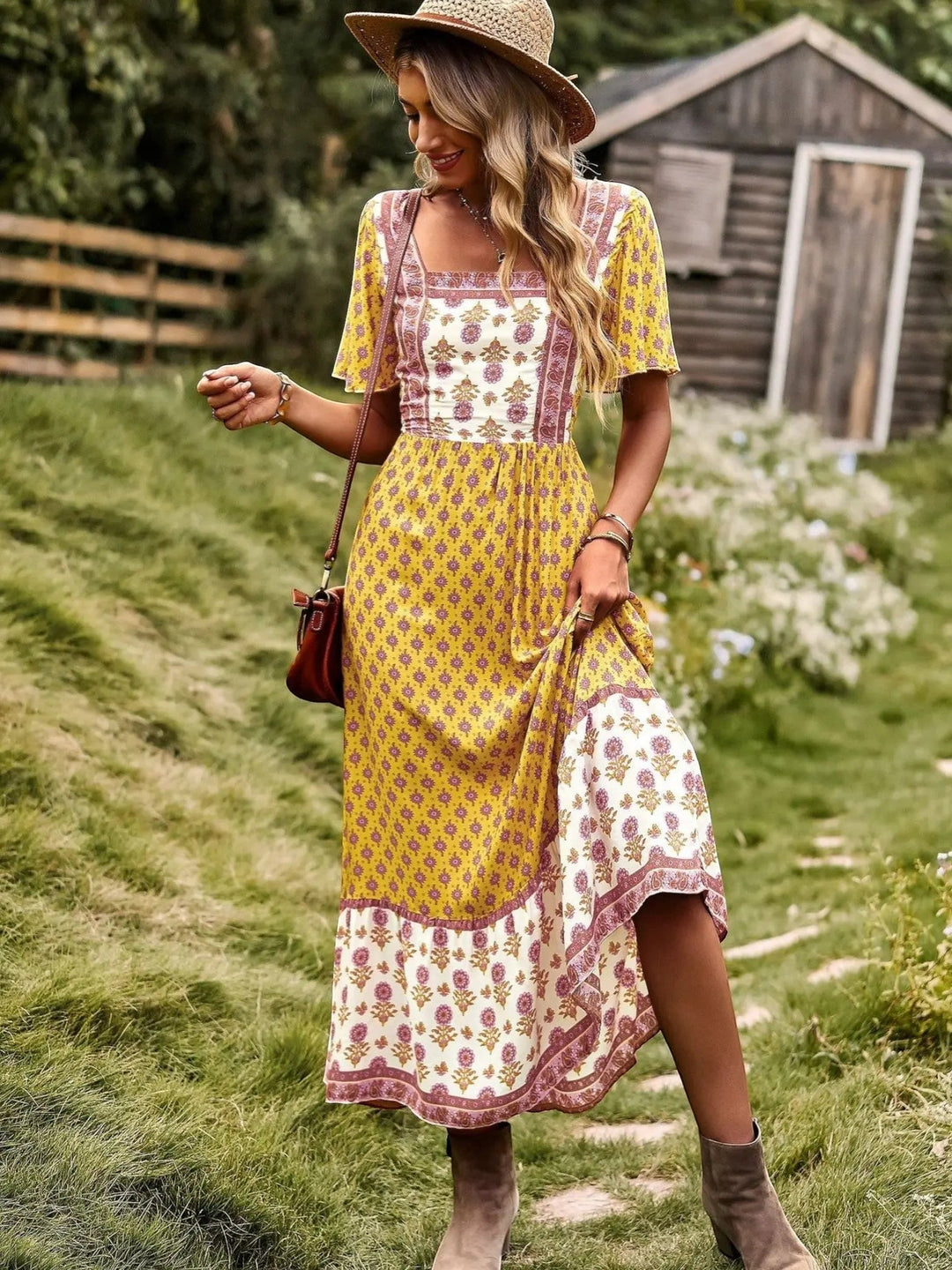 Woman wearing Yellow Bohemian Maxi Dress with ruffled, floral print | Lunova