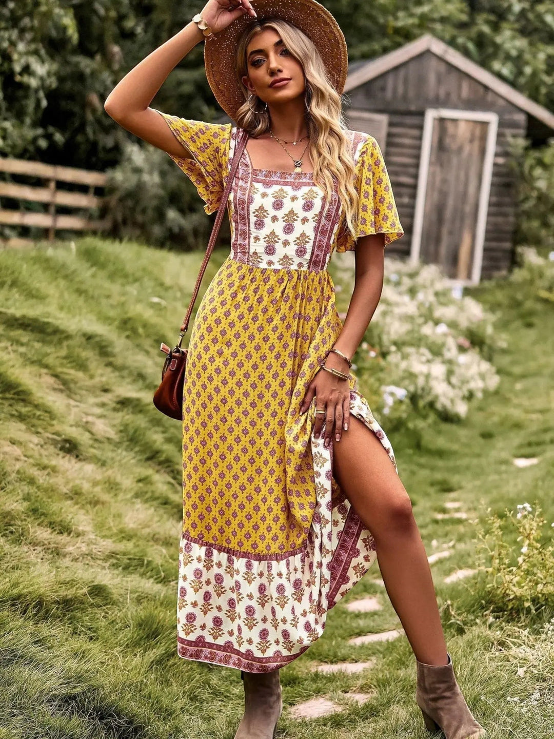 Woman wearing Bohemian Maxi Dress with ruffled, floral print — view 7 | Lunova