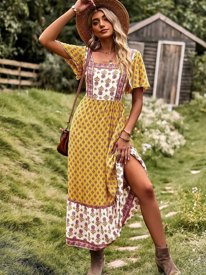 Woman wearing Bohemian Maxi Dress with ruffled, floral print — view 7 | Lunova