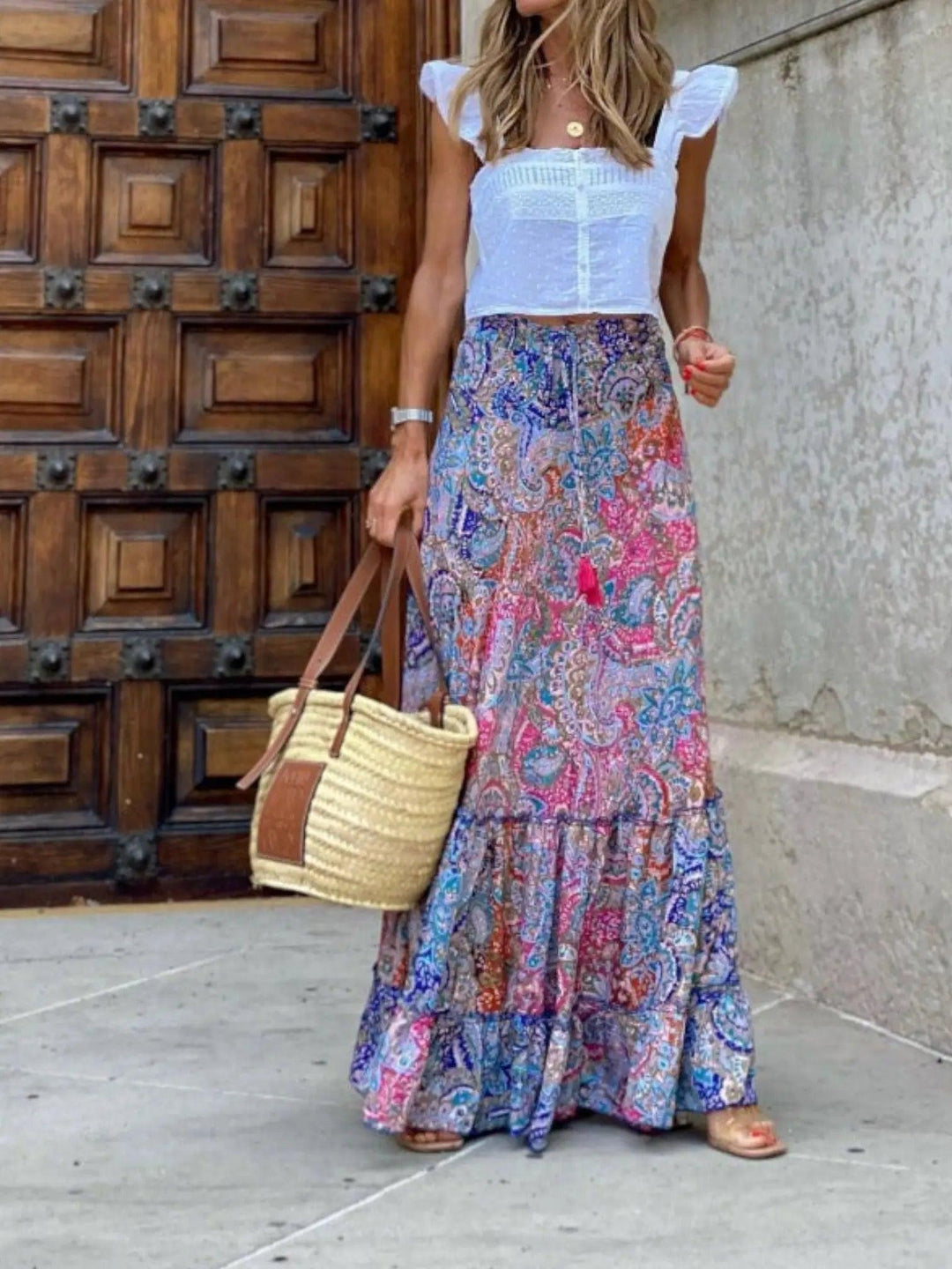 Woman wearing Blue Bohemian Maxi Skirt with flowing | Lunova
