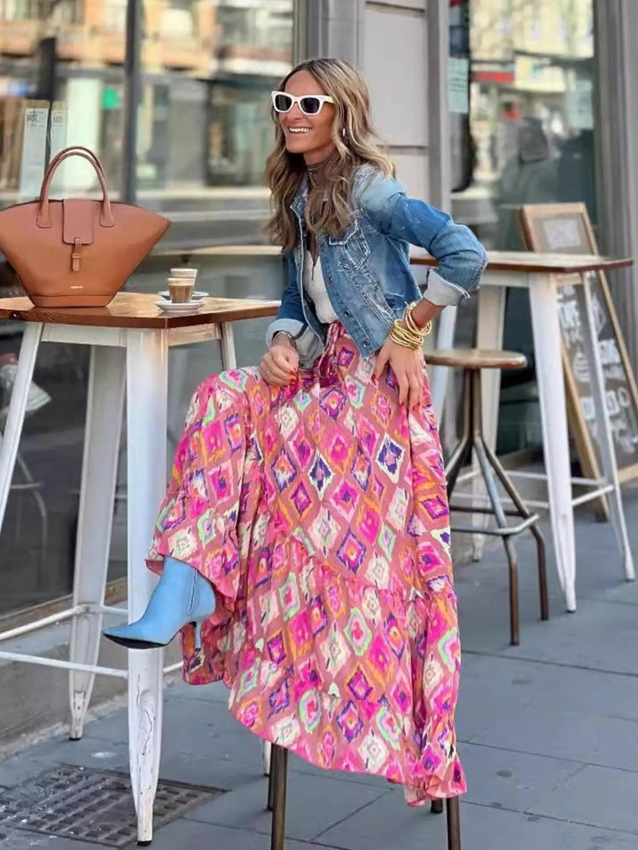 Woman wearing Pink Bohemian Maxi Skirt with flowing | Lunova