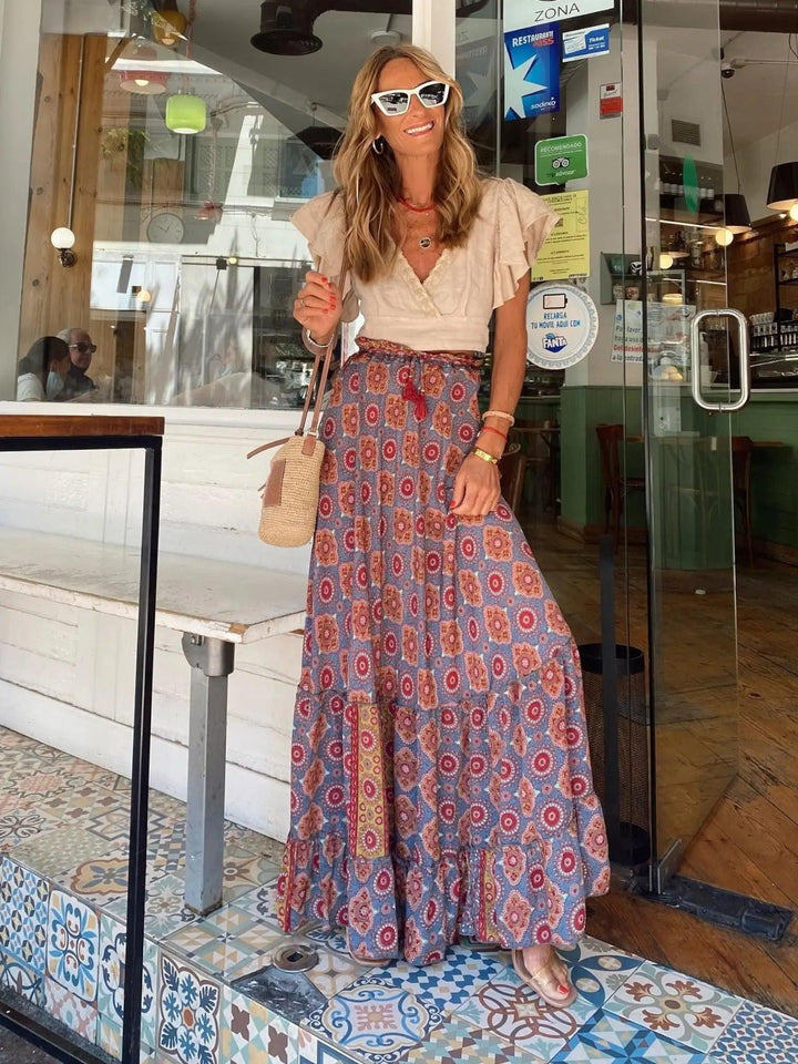 Woman wearing Brown Bohemian Maxi Skirt with flowing | Lunova