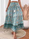 Woman wearing Green Bohemian Maxi Skirt with A-line, floral print | Lunova