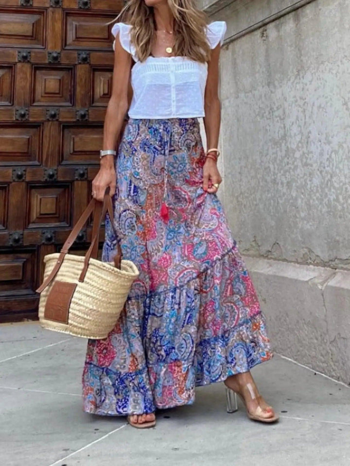 Woman wearing Bohemian Maxi Skirt with flowing | Lunova