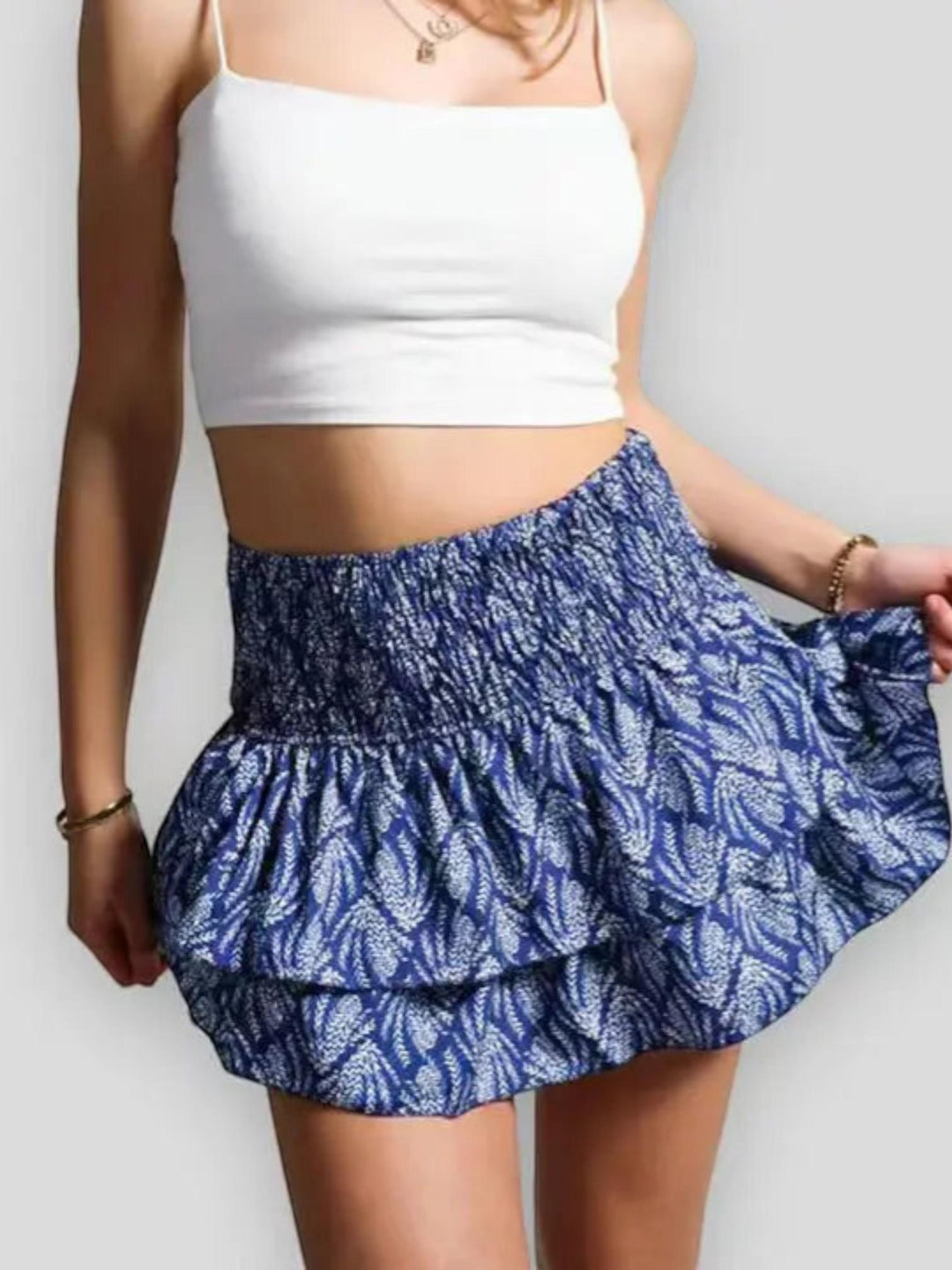Woman wearing Dark Blue Bohemian Mini Skirt with relaxed | Lunova