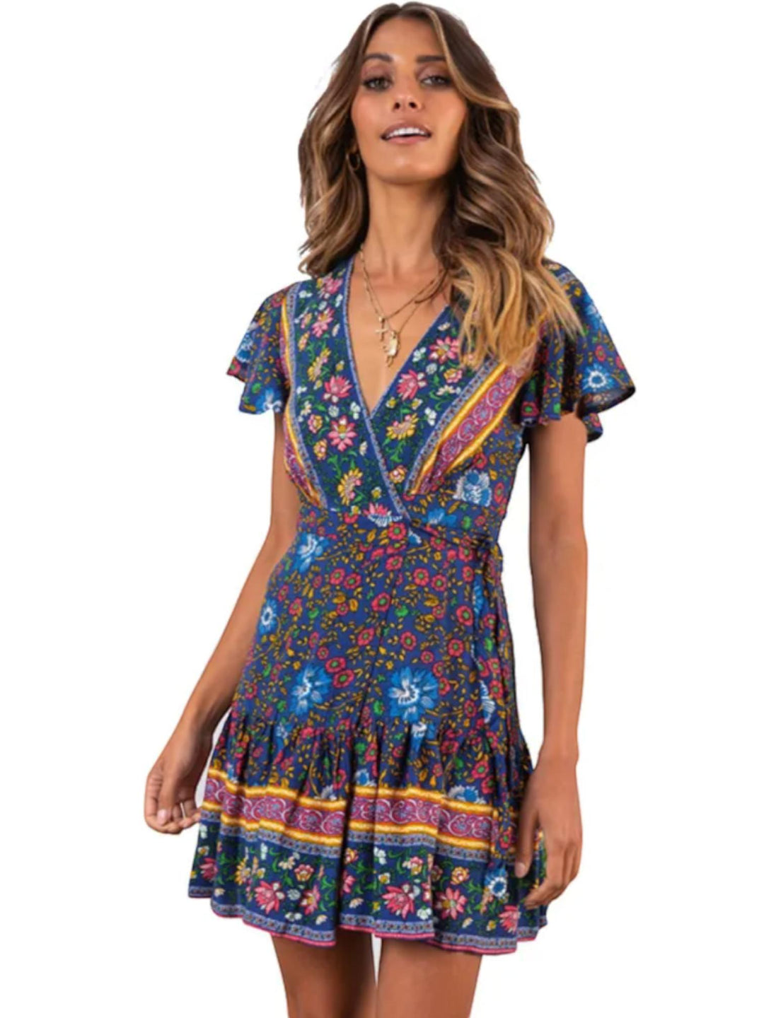 Boho Floral Mini Dress-Lunova Fashion