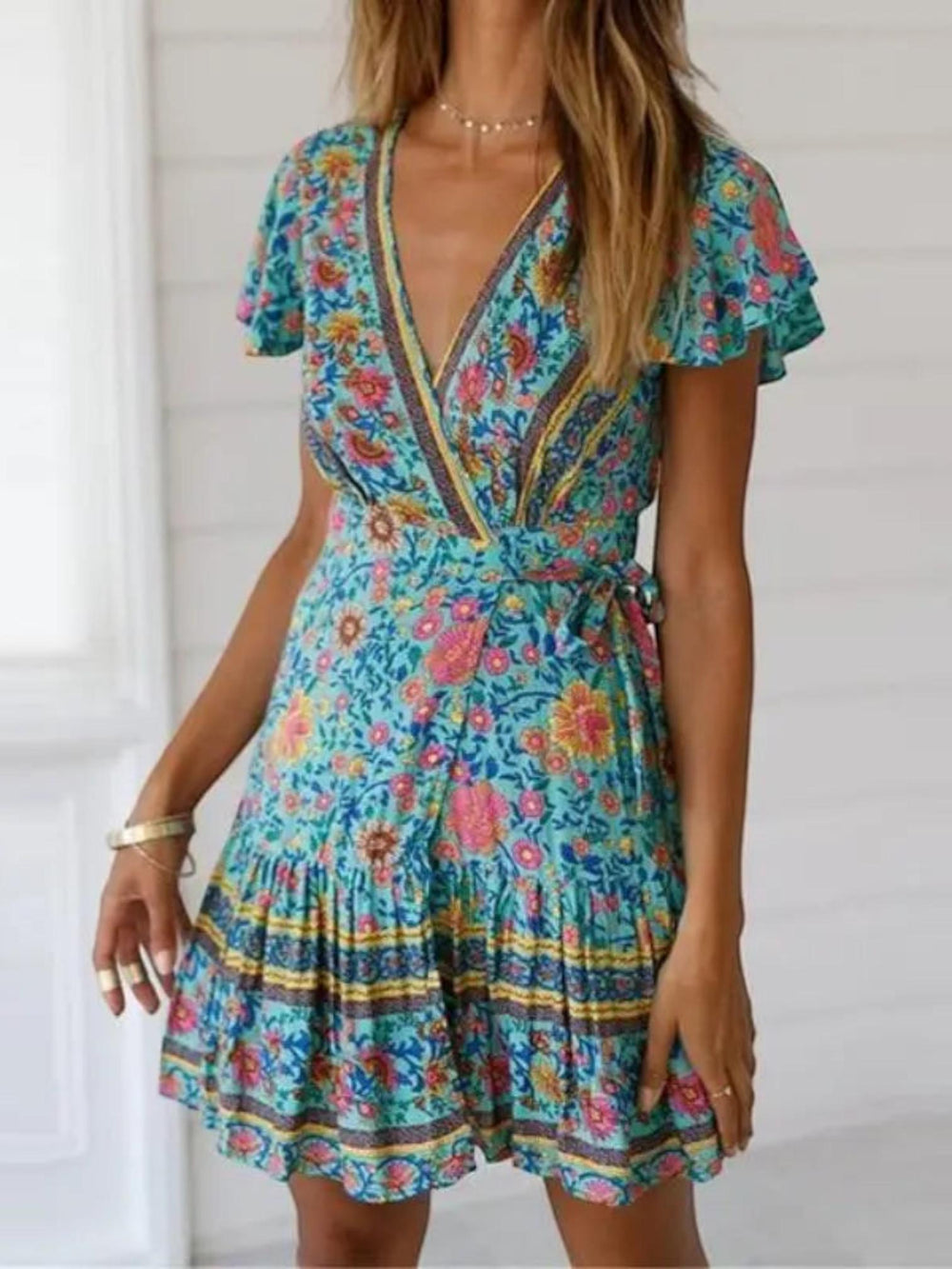 Boho Floral Mini Dress-Lunova Fashion