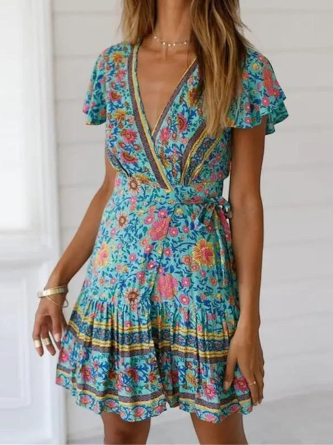 Boho Floral Mini Dress-Lunova Fashion