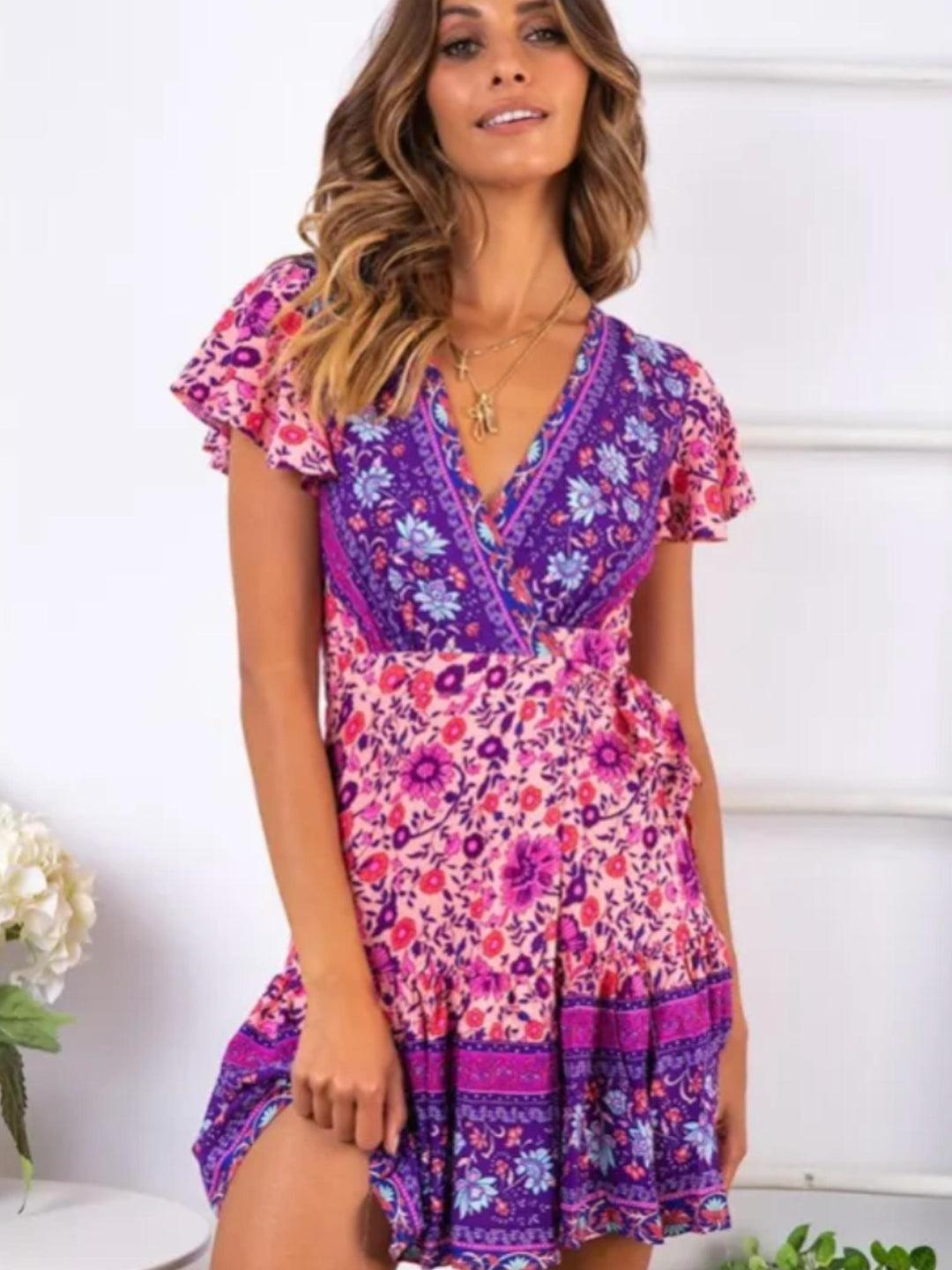 Boho Floral Mini Dress-Lunova Fashion
