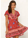 Woman wearing Red Boho Floral Mini Dress with A-line, empire-waist | Lunova