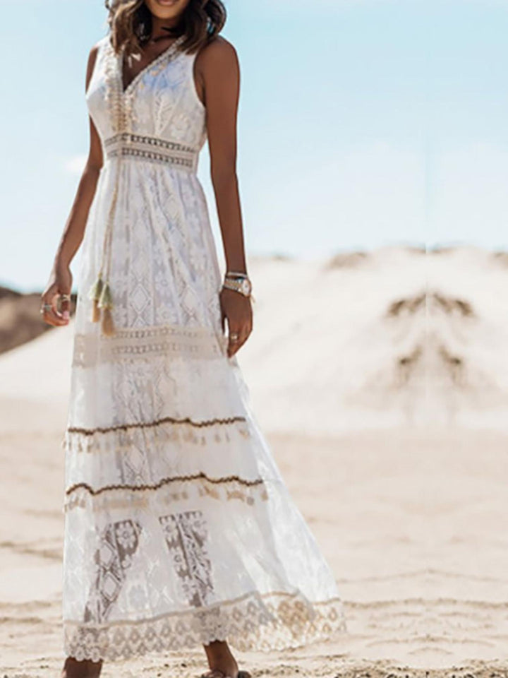 Woman wearing Boho Lace Maxi Dress with lace — view 2 | Lunova