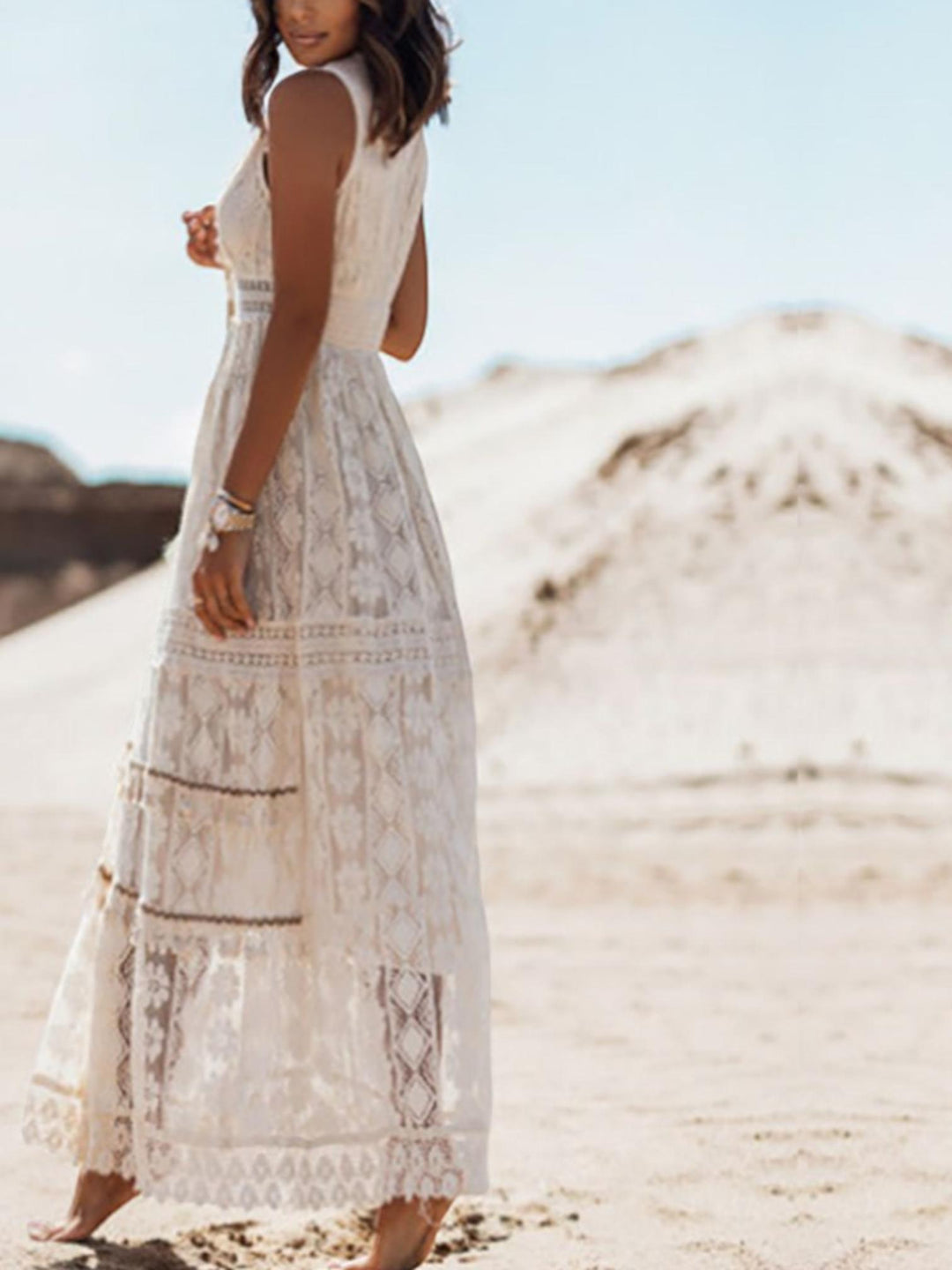 Woman wearing Boho Lace Maxi Dress with lace — view 3 | Lunova