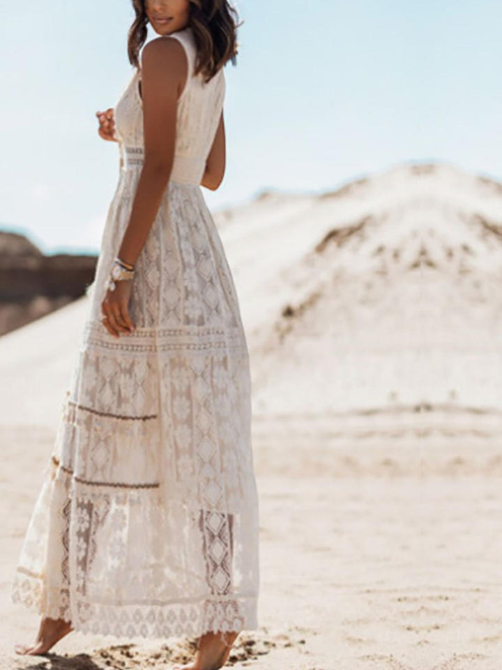Woman wearing Boho Lace Maxi Dress with lace — view 3 | Lunova