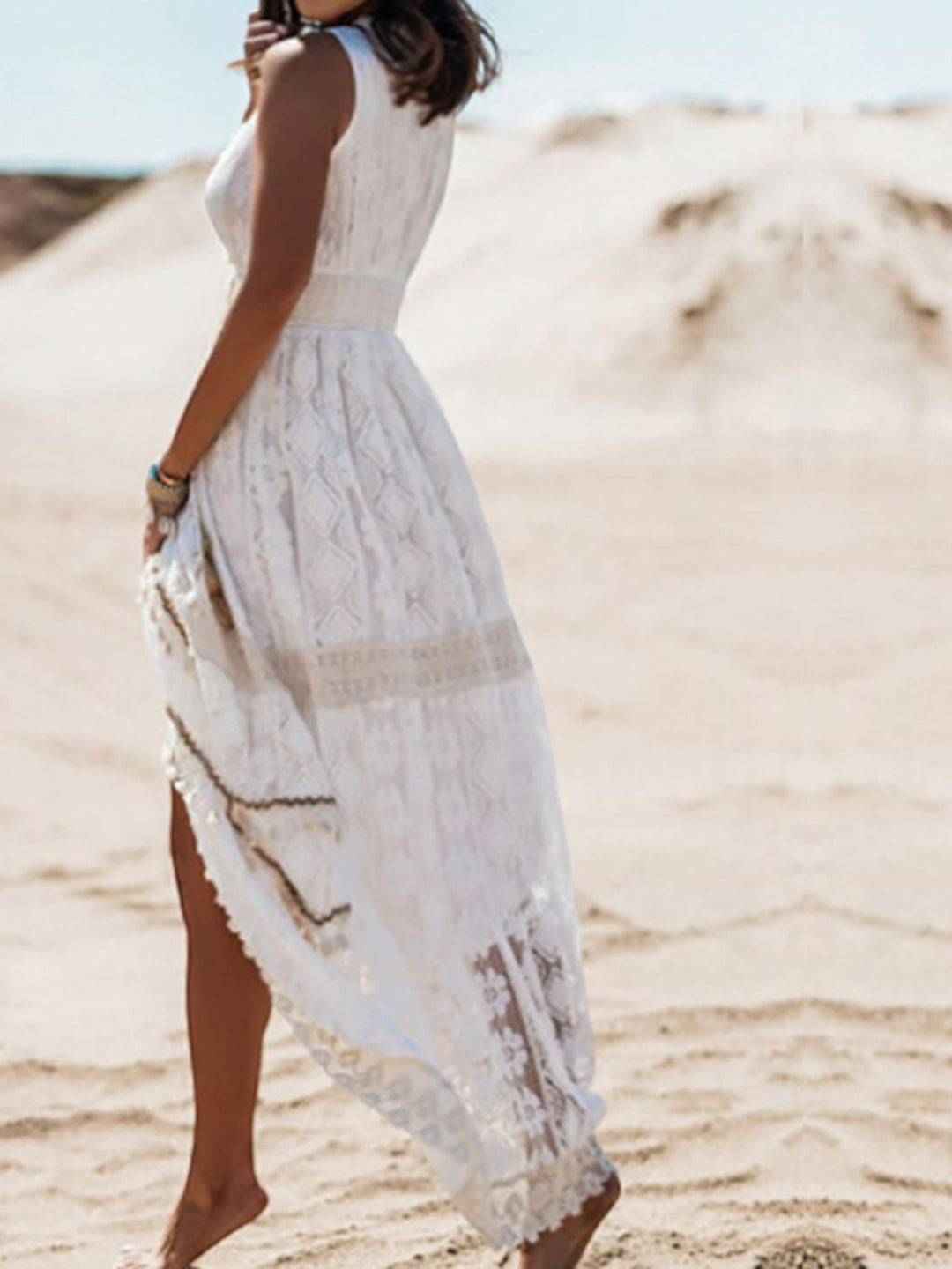 Woman wearing White Boho Lace Maxi Dress with lace | Lunova
