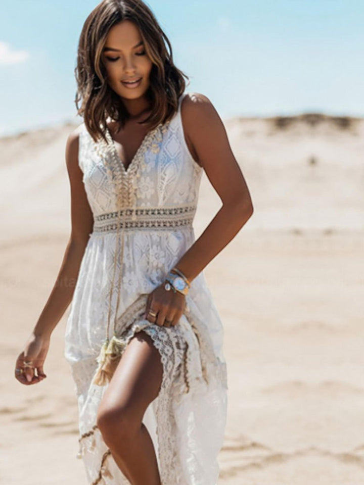 Woman wearing Boho Lace Maxi Dress with lace | Lunova