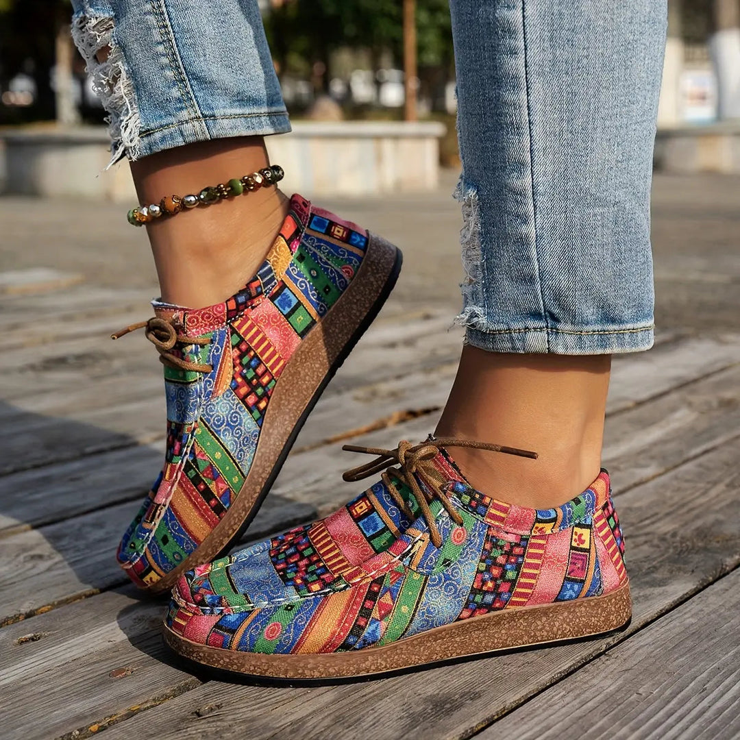 Green Boho Lace-Up Flats with lace, lace-up | Lunova