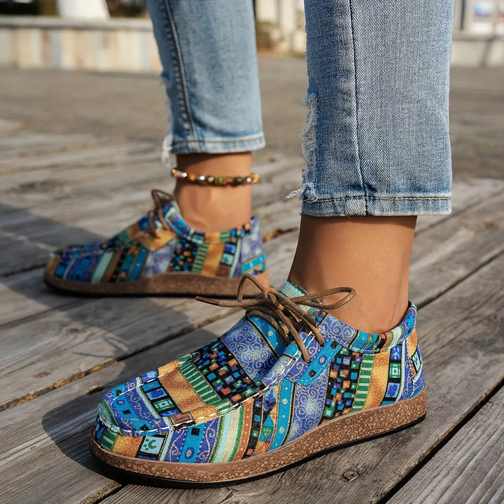 Blue Boho Lace-Up Flats with lace, lace-up | Lunova