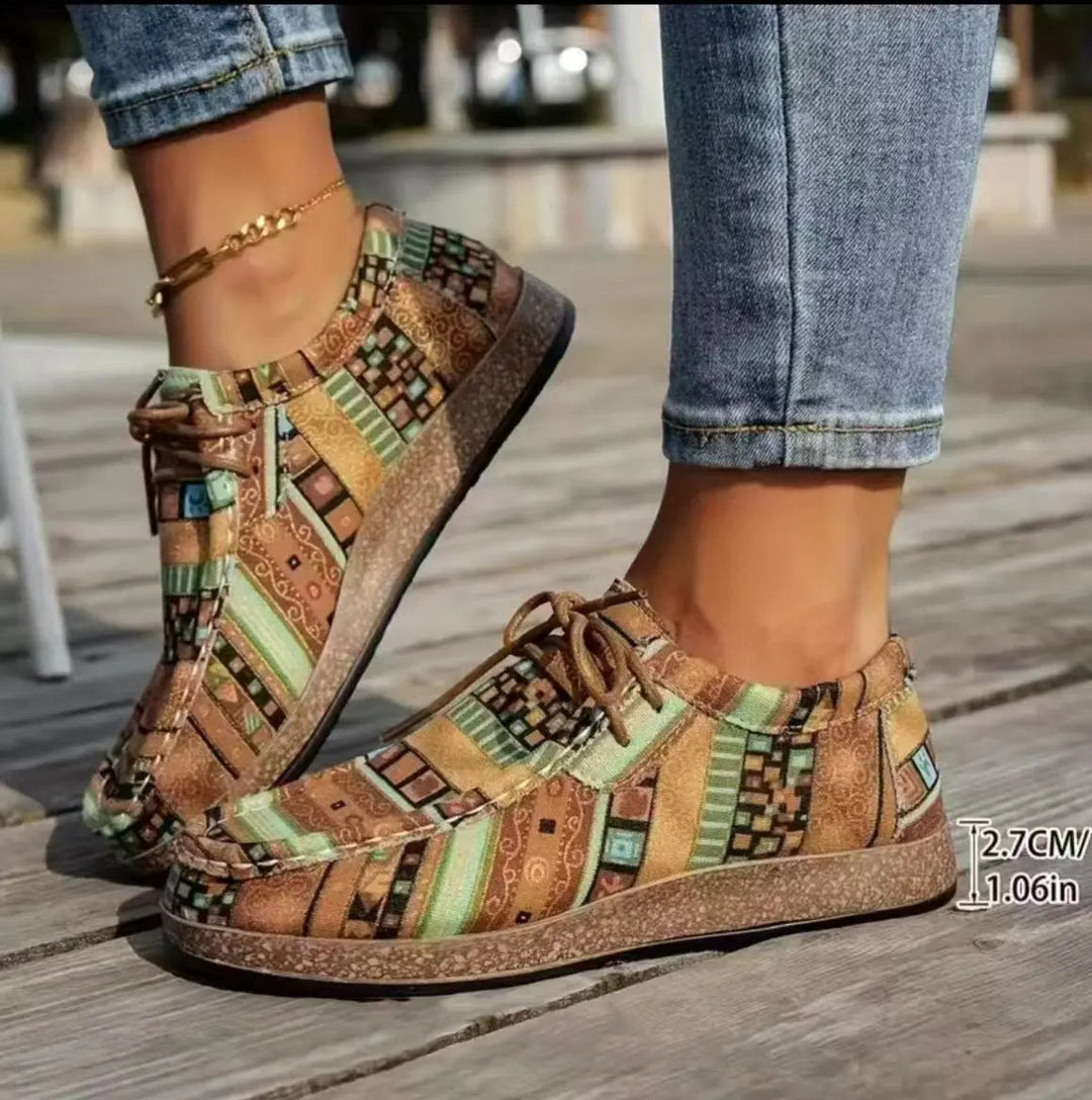 Khaki Boho Lace-Up Flats with lace, lace-up | Lunova