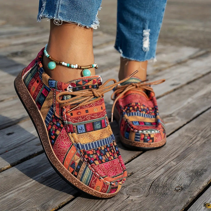 Red Boho Lace-Up Flats with lace, lace-up | Lunova