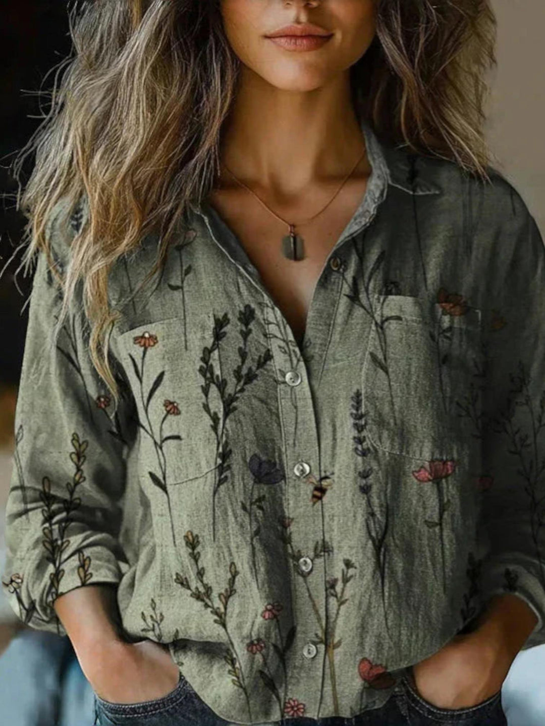 Woman wearing Green Boho Vintage Blouse with relaxed, flowing | Lunova