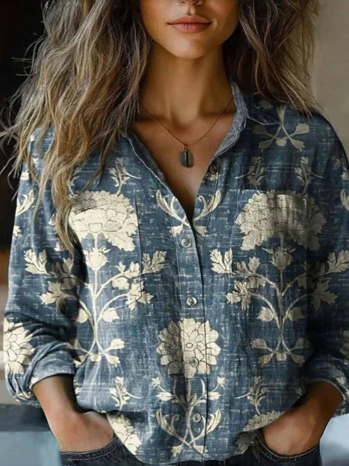 Woman wearing Blue Boho Vintage Blouse with relaxed, flowing | Lunova