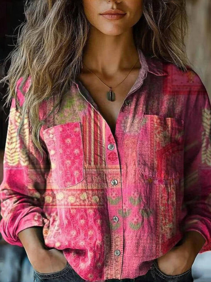 Woman wearing Pink Boho Vintage Blouse with relaxed, flowing | Lunova