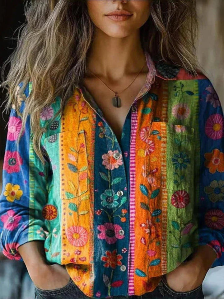 Woman wearing Red Boho Vintage Blouse with relaxed, flowing | Lunova