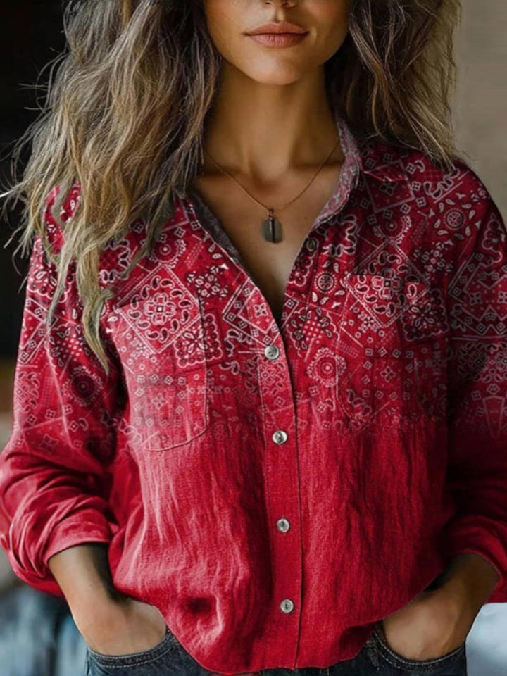 Woman wearing Red Boho Vintage Blouse with relaxed, flowing | Lunova