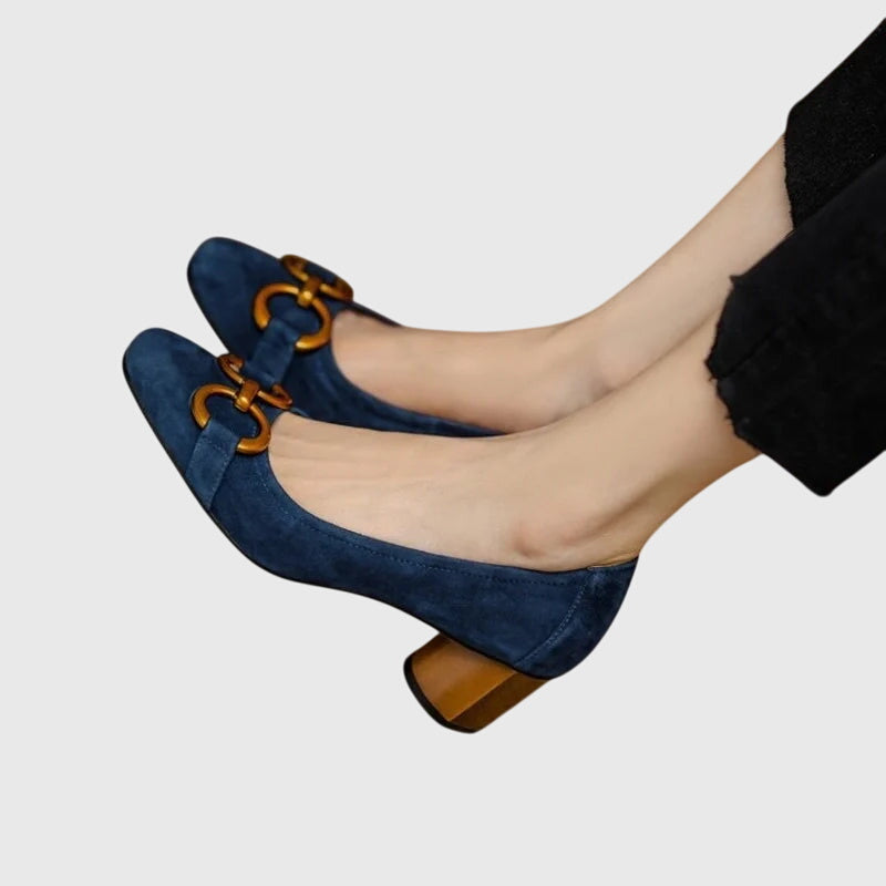 Dark Blue Buckle Block Heel Pumps with buckle | Lunova