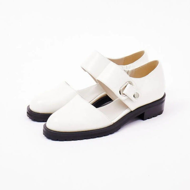 White Buckle Strap Mary Jane Flats