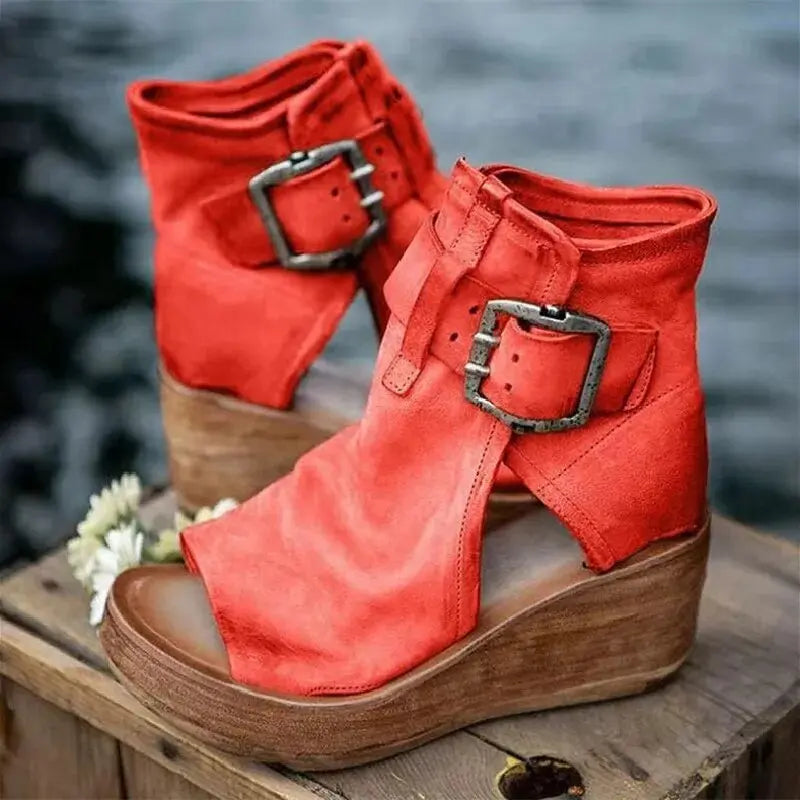 Red Buckle Wedge Sandals with buckle, cushioned | Lunova