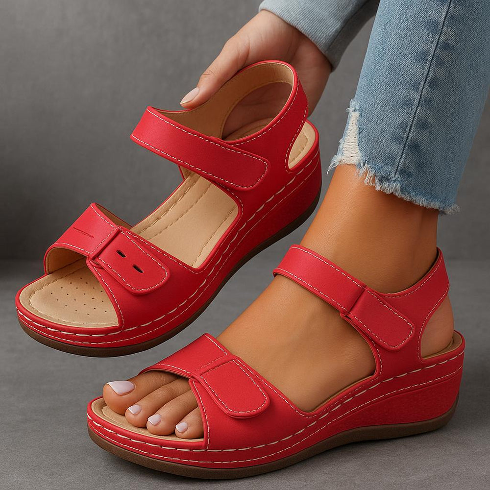 Red Buckle Wedge Sandals with buckle, cushioned | Lunova
