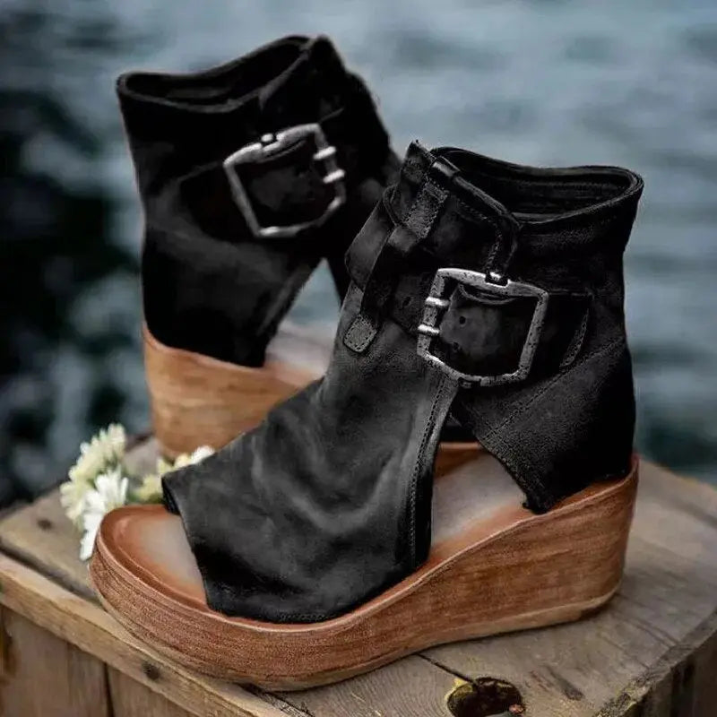 Black Buckle Wedge Sandals