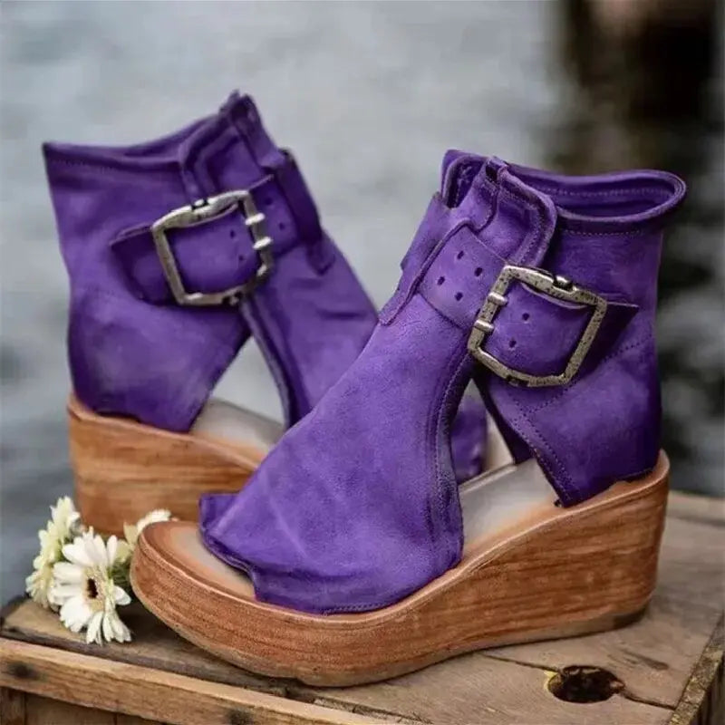 Purple Buckle Wedge Sandals