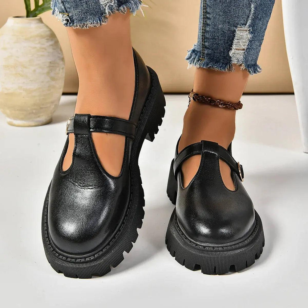 Woman wearing Buckled Platform Shoes with platform, buckle — view 2 | Lunova