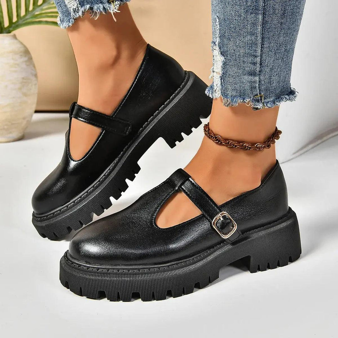 Woman wearing Buckled Platform Shoes with platform, buckle | Lunova