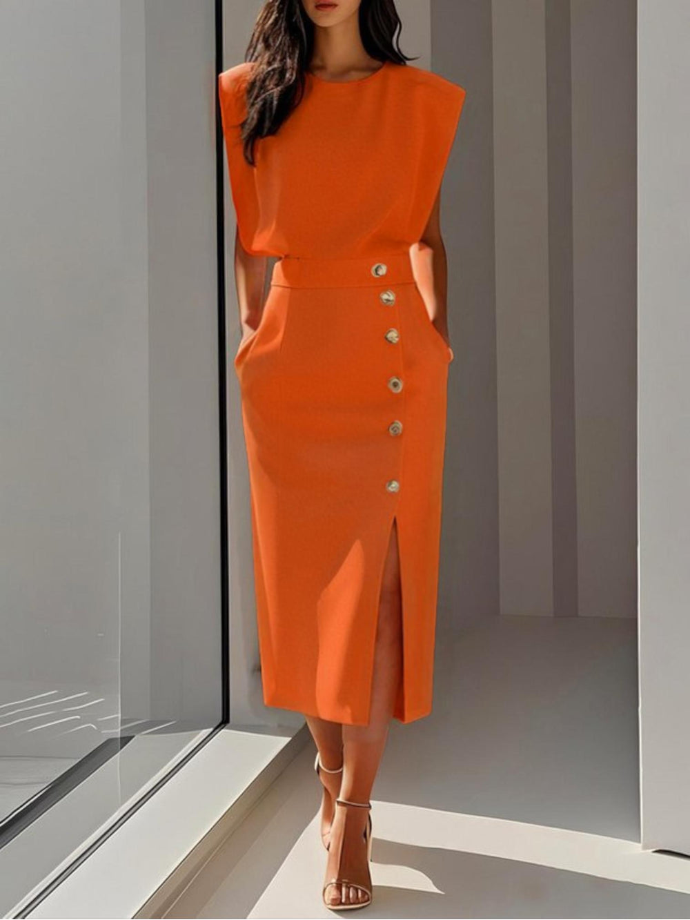 Woman wearing Button Slit Midi Dress with button-front — view 2 | Lunova